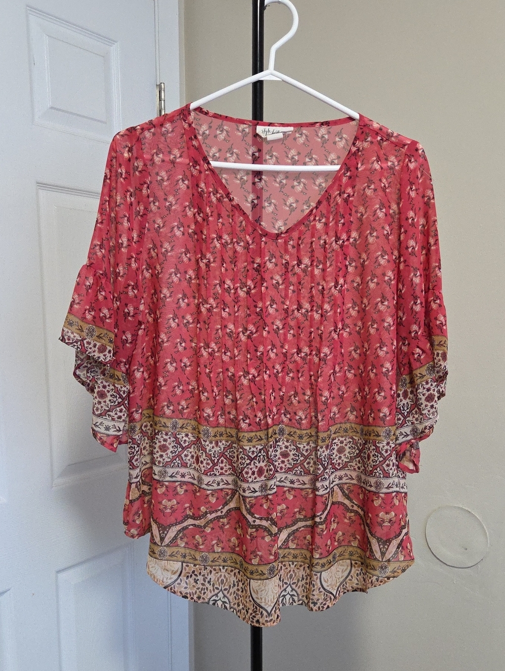 Style & Co. Coral Pink Floral V-Neck Boho Blouse